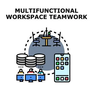 Multifunctional workspace teamwork concept with digital collaboration Stock Illustration
