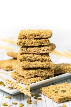 Multigrain Cereal Crunchy Squares Bars with Pumpkin Seeds Stock Photos