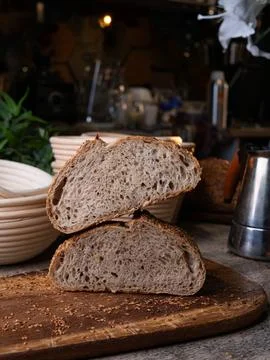 Multigrain multiseed Artisan Sourdough Bread with chia seed and flaxseed. 스톡 사진