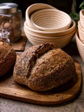 Multigrain multiseed Artisan Sourdough Bread with chia seed and flaxseed. 스톡 사진