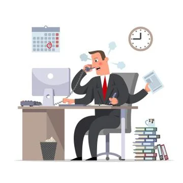 Multihanded businessman or the clerk is doing urgent work, the deadline is ap Stock Illustration