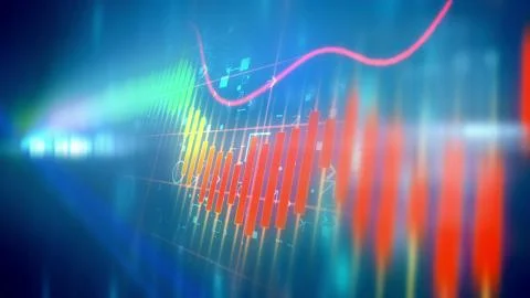 Multilayered 3d rendering of colorful business line charts taken askew in the Illustrazione stock