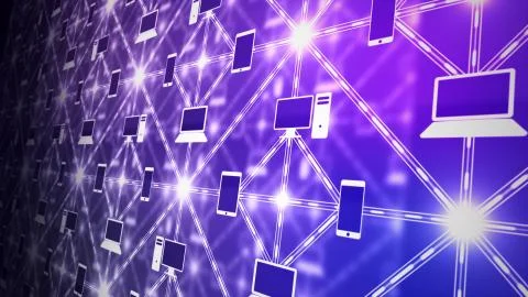 A multilayered 3d rendering of a computer network matrix from pc screens and  Illustrazione stock
