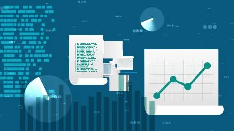 Multilayered 3d rendering of files and documents with a pie graph, line chart Stock Illustration