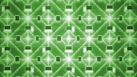 A multilayered 3d rendering of a green computer network from screens and mobi Illustrazione stock