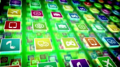 A multilayered 3d rendering of salient mobile application icons on a pc scree Illustrazione stock