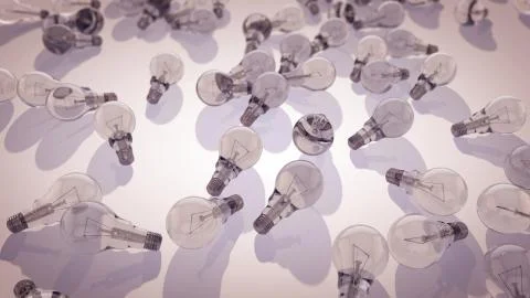 A multilayered 3d rendering of transparent light bulbs placed on a grey surfa Stock Illustration