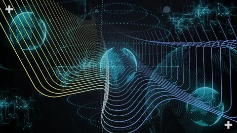 Multilayered ribbon emerging left, sweeping right, folding over dotted spheres, Stock Footage 328331183
