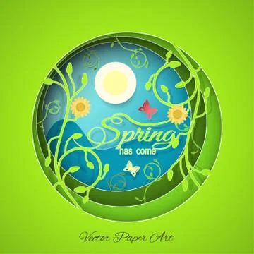 Multilayered Spring has come vector poster in style of the paper art carve .. Stock Illustration