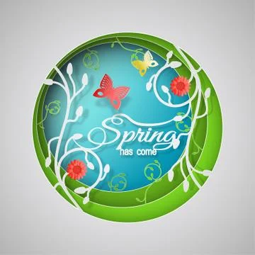 Multilayered Spring has come vector poster in style of the paper art carve .. Stock Illustration