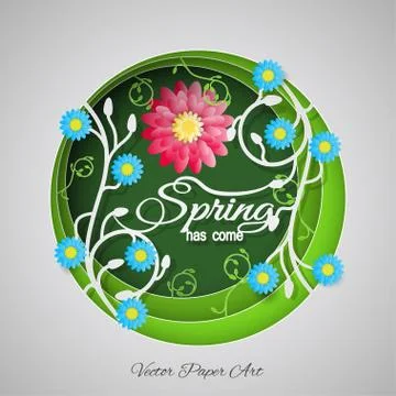 Multilayered Spring has come vector paper art poster on the gradient green .. Stock Illustration
