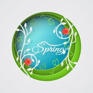 Multilayered Spring vector poster in style of the paper art carve on the gr.. Stock Illustration