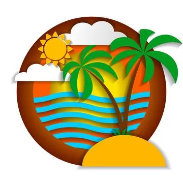 Multilayered summer landscape. Summer beach. Paper art, paper cut, 3d origami Stock Illustration