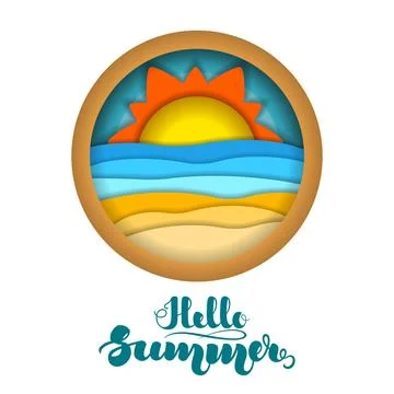 Multilayered summer landscape. Summer beach. Paper art, paper cut, 3d origami Illustrazione stock