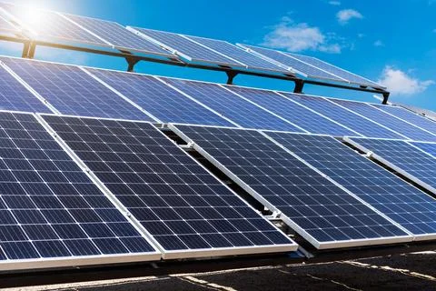 Multilevel Bifacial solar panel structure at a solar power plant Stock Photos