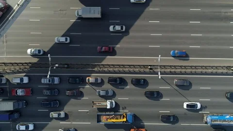 Multilevel road junction overpass road track active traffic cars From above  Stockbeeldmateriaal 117664682