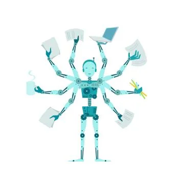 The multilimbed robot. Office multifunctional cyborg manager. Illustrazione stock