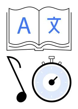 Multilingual Book, Stopwatch, Musical Note on White Background Learning, Ti.. Stock Illustration