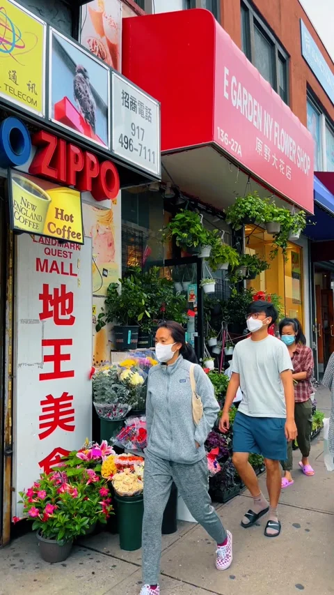 Multilingual business signs on storefront in Flushing Queens Stock Footage 331600409