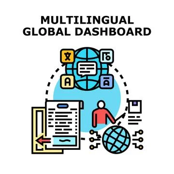 Multilingual global dashboard managing international business data Illustrazione stock