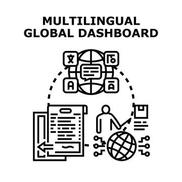 Multilingual global dashboard managing international business data Illustrazione stock