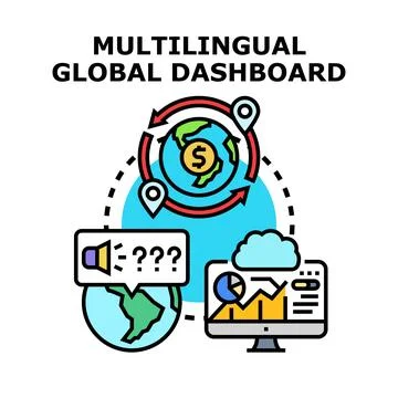 Multilingual global dashboard presenting business analytics concept Stock Illustration
