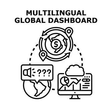 Multilingual global dashboard presenting business analytics concept Stock Illustration