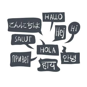 Multilingual greetings in speech bubbles. Illustrazione stock