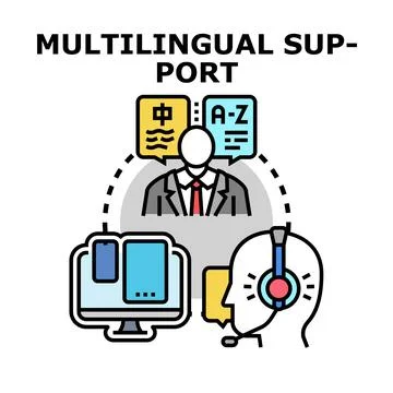 Multilingual support providing global language assistance communication Stock Illustration
