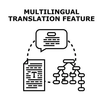Multilingual translation feature for global communication and data processing Stock Illustration