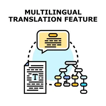 Multilingual translation feature for global communication and data processing Stock Illustration