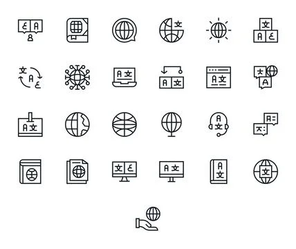 Multilingual Visual Pack containing 25 Regular Line Pixel Optimized Vector .. Illustrazione stock