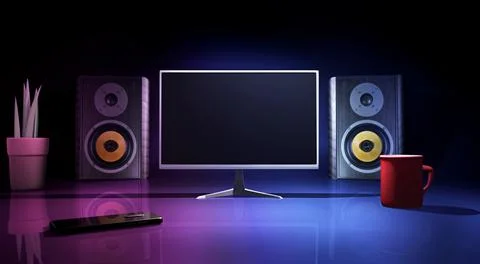 A multimedia 3D render mockup with an empty lcd screen and audio monitors Stock Illustration