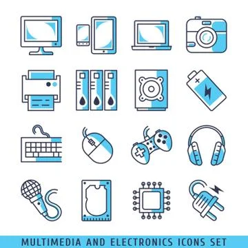 Multimedia and electronics icons set lines blue vector illustration Stock Illustration