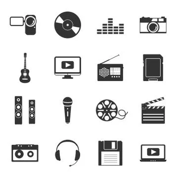 Multimedia black and white flat icons set Stock Illustration