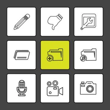 Multimedia , camera , user interface , folders , directory , eps icon set vec Stock Illustration