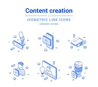 Multimedia content creation blog vlog e learning outline line isometric ico.. イラスト素材