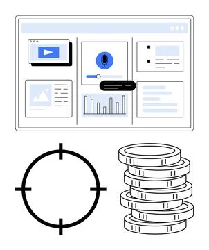 Multimedia dashboard displaying video, audio, photos, and graphs. Includes ta Stock Illustration