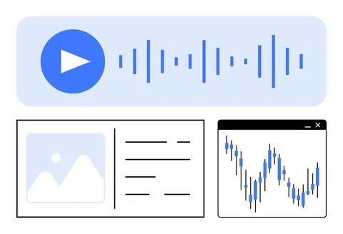 Multimedia elements including audio playback, image with caption, and data Ilustración de archivo