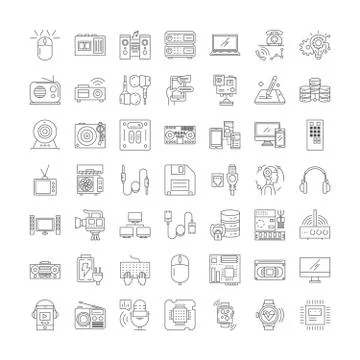 Multimedia elements linear icons, signs, symbols vector line illustration set Stock Illustration