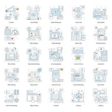 Multimedia Flat Line Icons Pack Stock Illustration