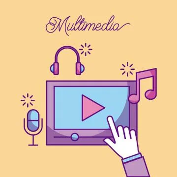 Multimedia hand touch screen play button music microphone Ilustración de archivo