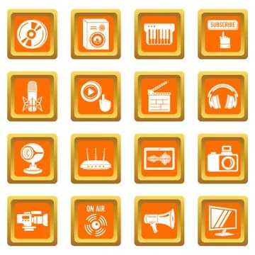 Multimedia internet icons set orange square Stock Illustration