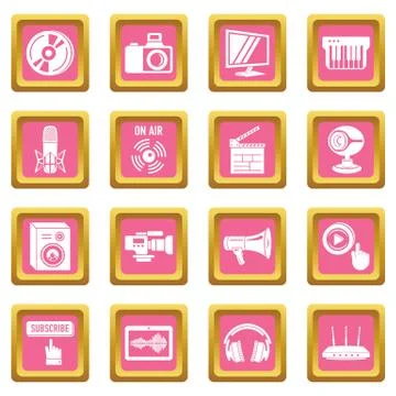Multimedia internet icons set pink square vector Stock Illustration