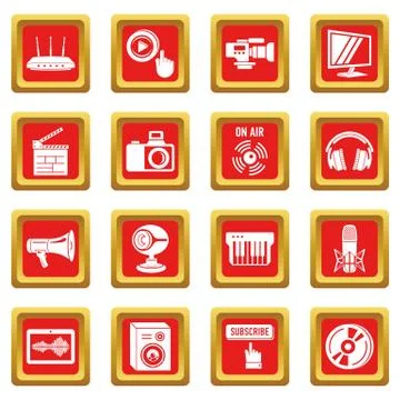 Multimedia internet icons set red square vector Stock Illustration