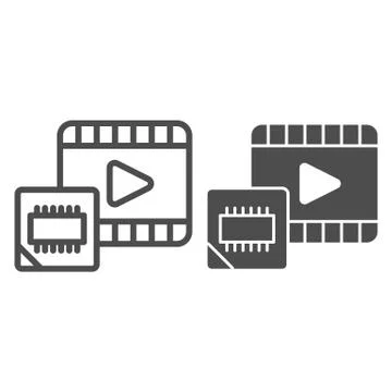 Multimedia microchip line and solid icon. Video player and chip, hardware Stock Illustration