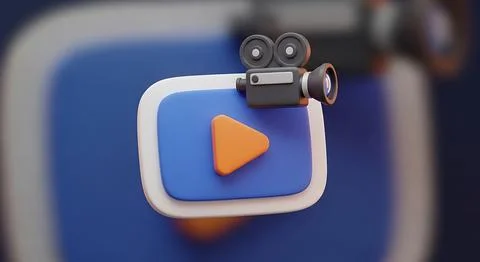 Multimedia play button icon with small movie camera mounted on top of round.. Stock Illustration