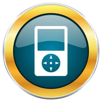 Multimedia player blue glossy round icon with golden chrome metallic border i Stock Illustration