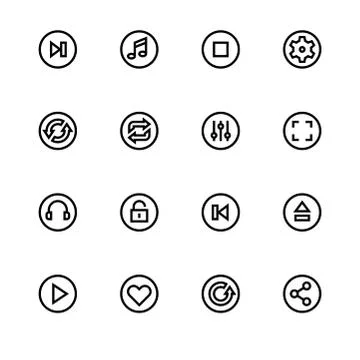 Multimedia player control buttons. Set outline icon EPS 10 vector format. Pro Stock Illustration