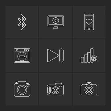 Multimedia , user interface , camera , technology , eps icons set vector Stock Illustration